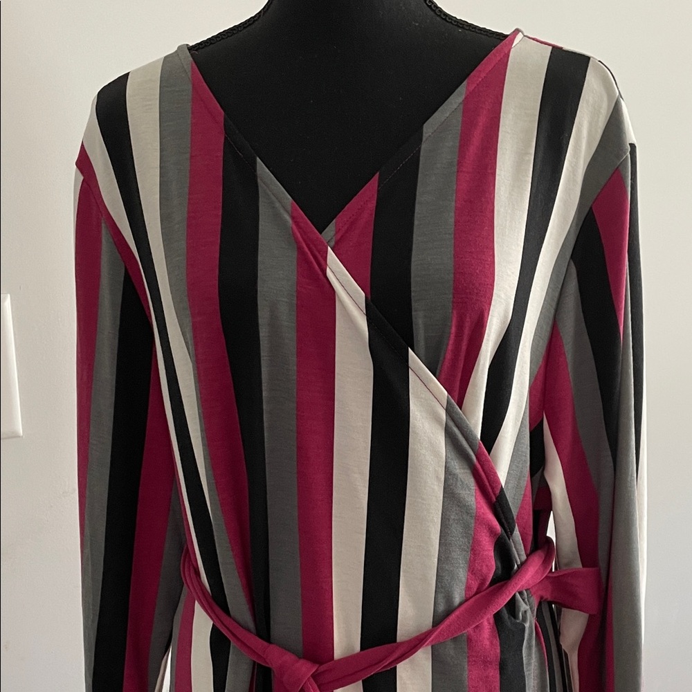 Lula Roe Wrap Dress SizeL Multi Color Striped Knit Timeless Adaptable Flattering